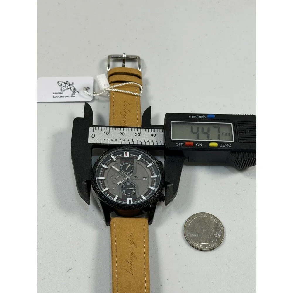 Automatic Mechanical Men’s Watch 44mm Black Case Brown Leather Strap New